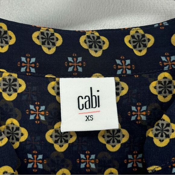 Cabi Sheer Navy Gold Geometric Print Button Front Long Sleeve Blouse XS - Picture 5 of 11